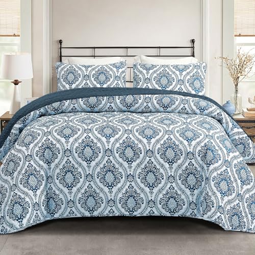 Exclusivo Mezcla Reversible Boho Quilt Set King Size, 3 Pieces Damask Blue All Season Bedspreads, Ultra Soft Floral Coverlet Bedding Set with Printed Pattern (1 Quilt, 2 Pillow Shams)