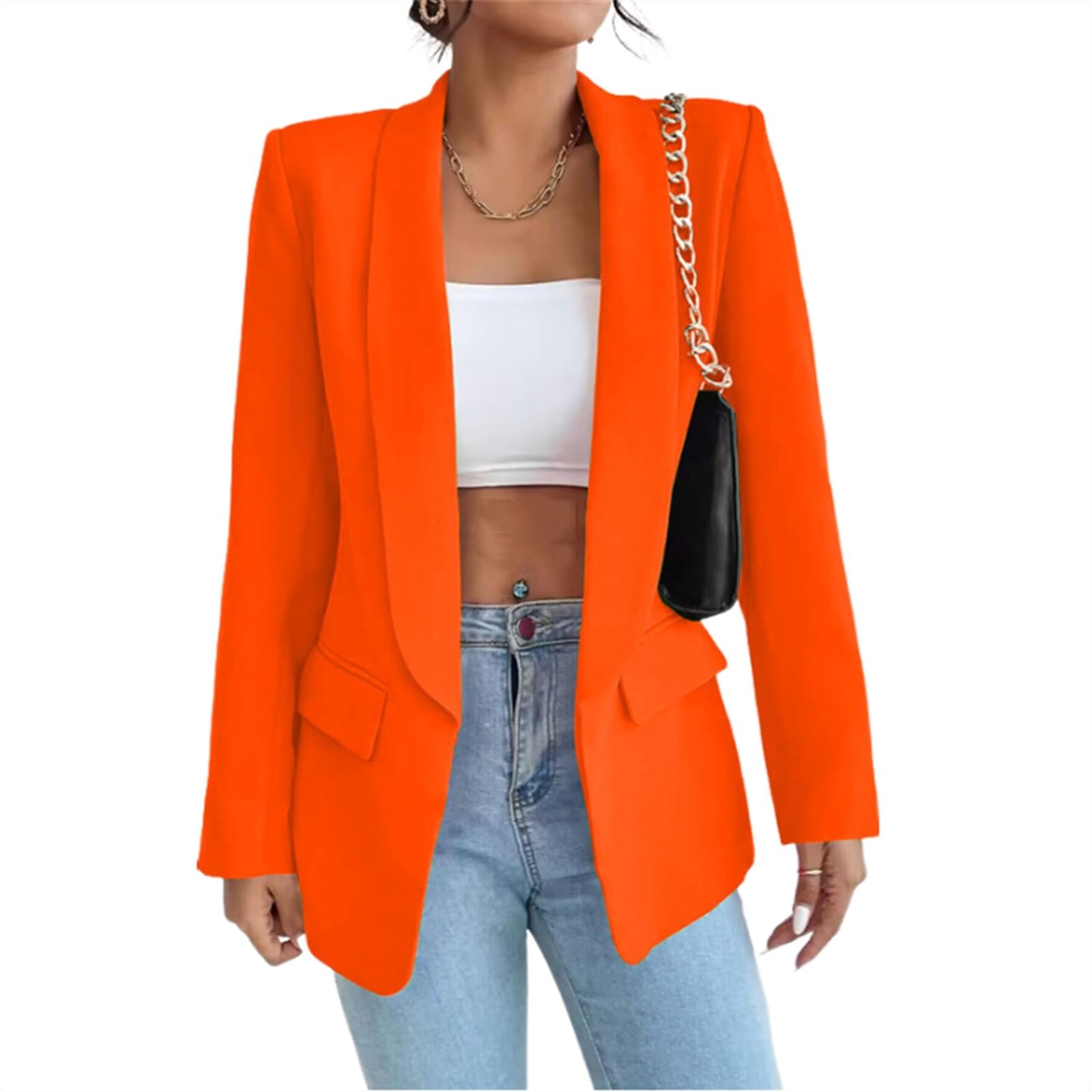 Gerrit Women's Suit Sporty Elegant with Pockets Lapels Suit Jacket Open Front Cardigan Plain Slim Business Long Sleeve Office Jacket Chic Blazer for Wedding (Color : Orange, Size : 3XL)
