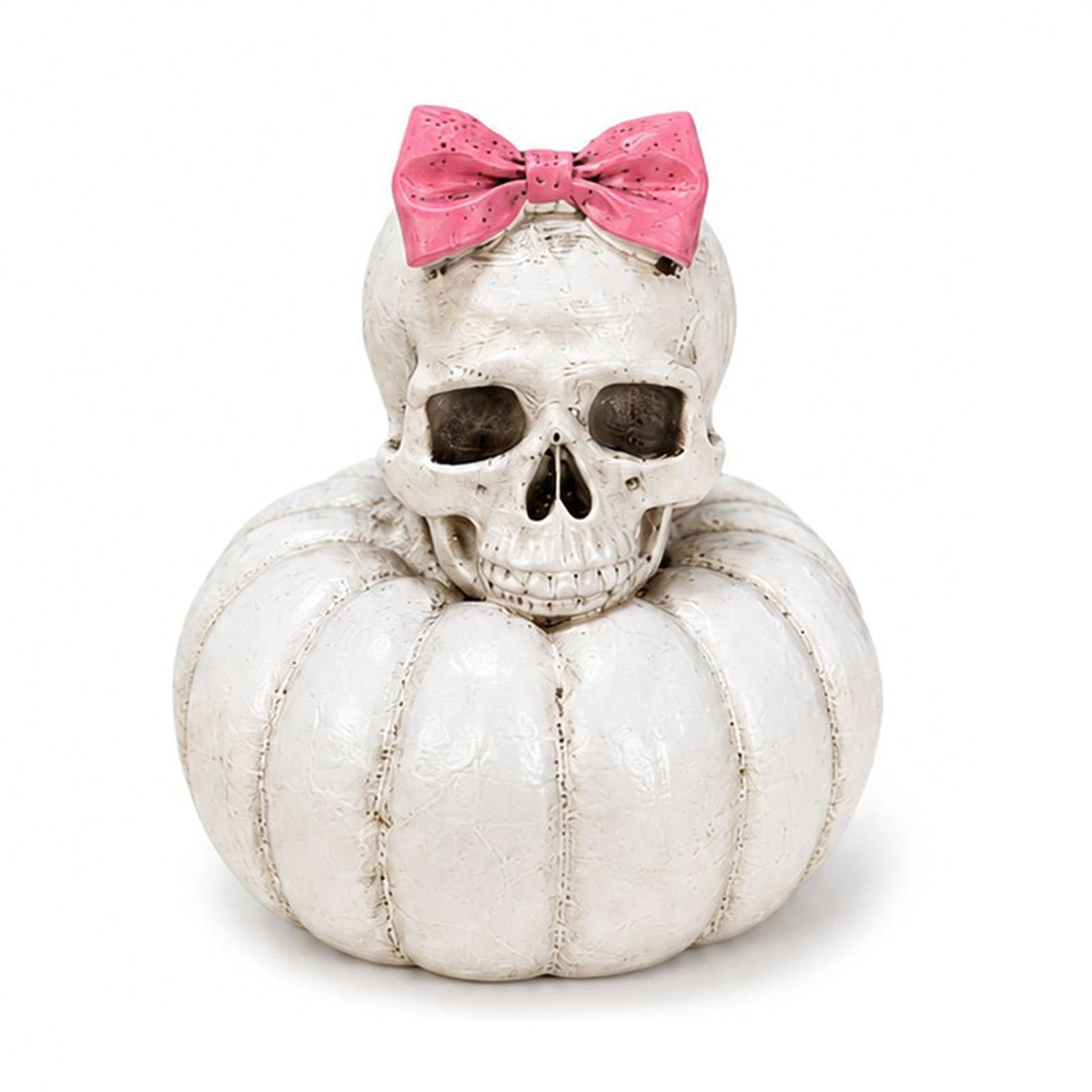 RetroNest Gothic Skull Pumpkin Statue,Halloween Bride Groom Figurine With Pink Bow,Resin Autumn Ornament For Home Table Mantel Decor 12.5cm Spooky Seasonal Centrepiece Pink