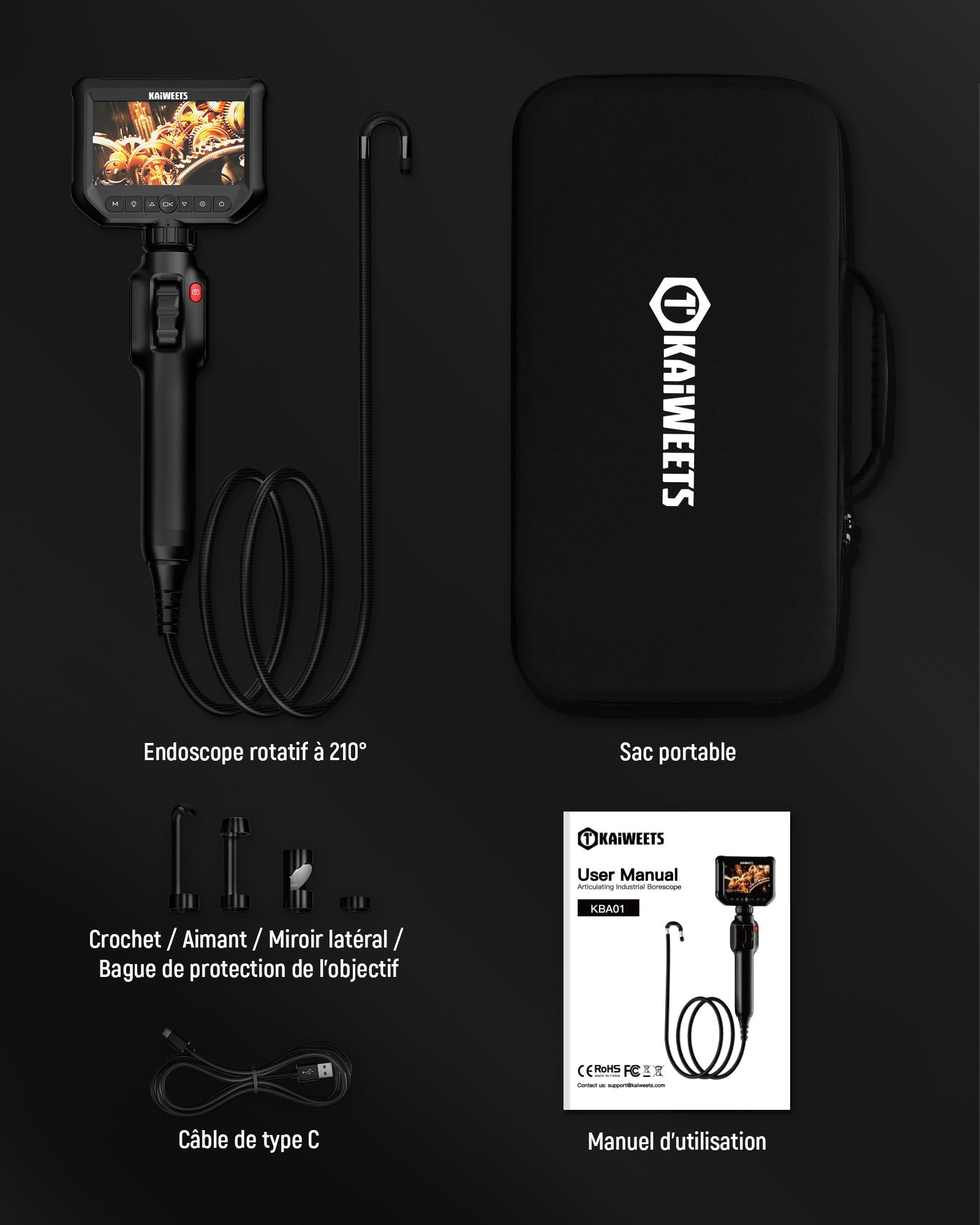 KAIWEETS Camera Endoscopique, 4.3" 1080P HD Endoscope avec Molette de Défilement, Rotation Bidirectionnelle à 210 °, 2M Caméras D'inspection IP67 Étanche pour l'inspection Automobile et de Tuyaux