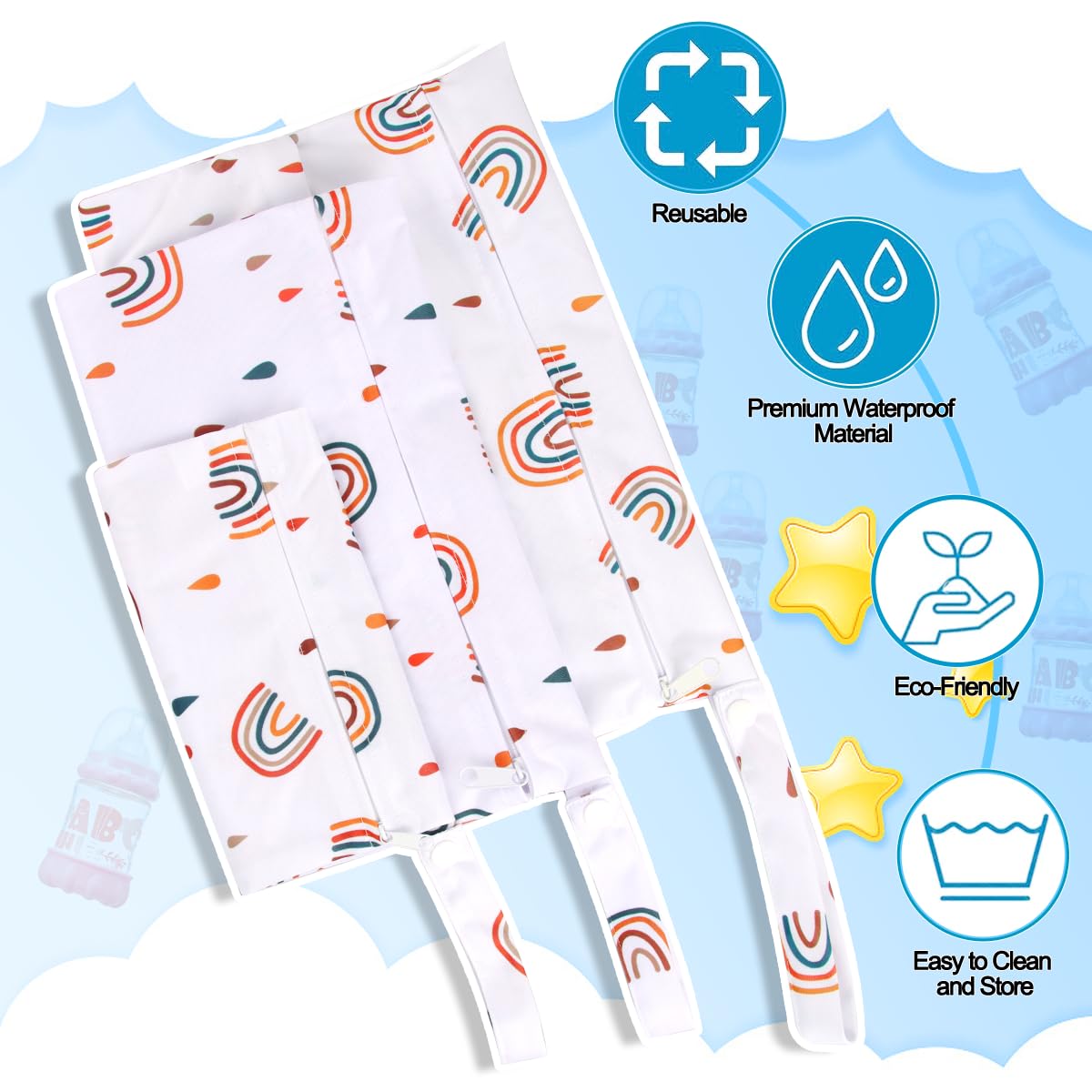 EKKONG Wetbag, 3 pezzi Borsa Pannolini Riutilizzabile, Sacchetto delPannolino Lavabile con Zip Impermeabile Organizzatore (unicorno)