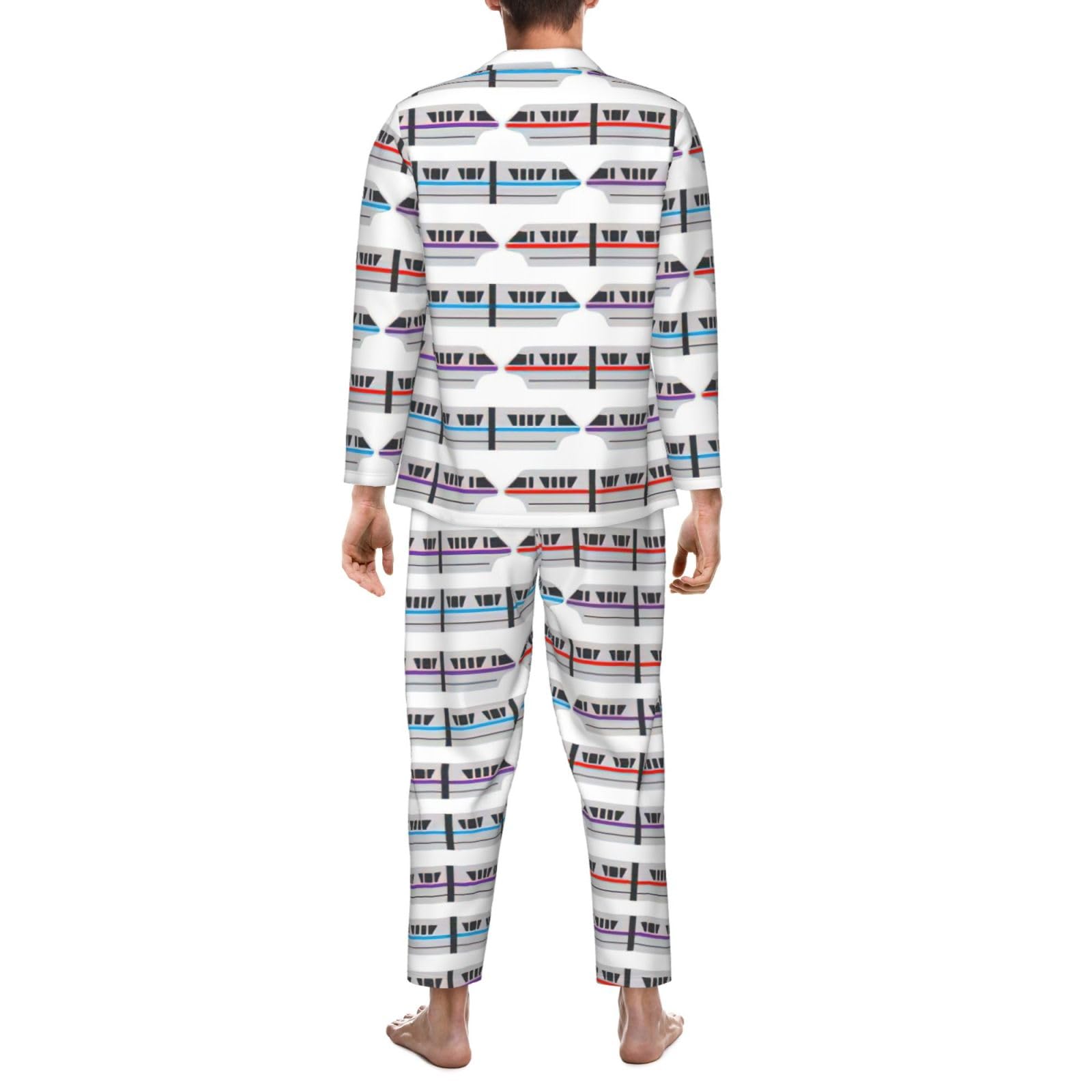 Conjunto de pijama de manga larga para hombre con estampado de tren monorraíl, ropa de dormir de dos piezas, transpirable, cómoda