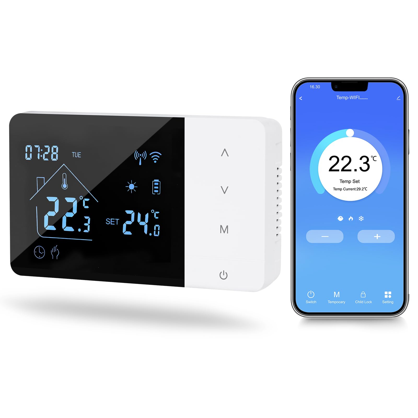 Termostato Wi-Fi a baterÃa con 2 cables, cronotermostato digital para caldera de gas, termostat, calefacción y refrigeración para control de voz Alexa y Google
