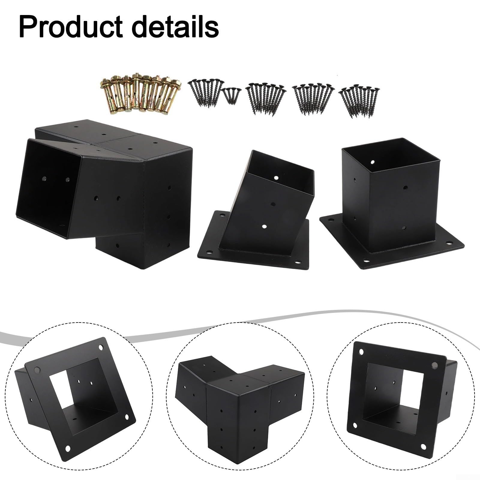 Schrägdach-Pergola-Wandhalterung für 10,2 x 10,2 cm Pfosten, robustes Stahl-3-Wege-Eck-Set mit Befestigungsmaterial, Schwarz (Rechts 15°-Set)