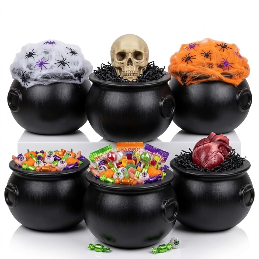 PMU 6 Pcs Halloween Cauldron - 10inch Witch Plastic Cauldron bowl Black, For Halloween Décor