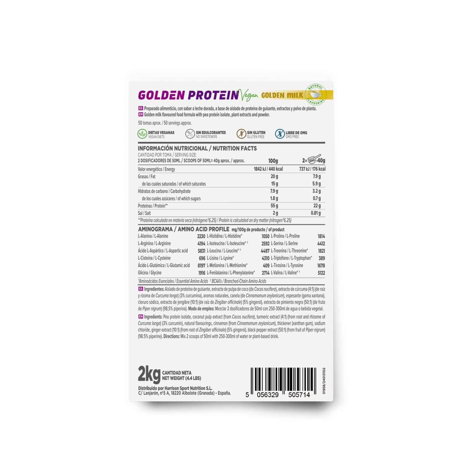 HSN Golden Protein Vegana | Sabor Leche Dorada (Golden Milk) 2KG | Proteína de Guisante + Cúrcuma + Canela + Jengibre + Pimienta Negra | Endulzada con Stevia y Eritritol | No-GMO, Sin Gluten