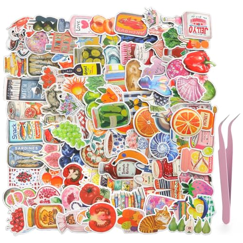 XRVRILE 100 Stickers Vintage avec Pince, Autocollant Scrapbooking Vinyl Aesthetic Fruits Rétro Nourriture, Stickers Journaling Autocollants pour Scrapbooking...