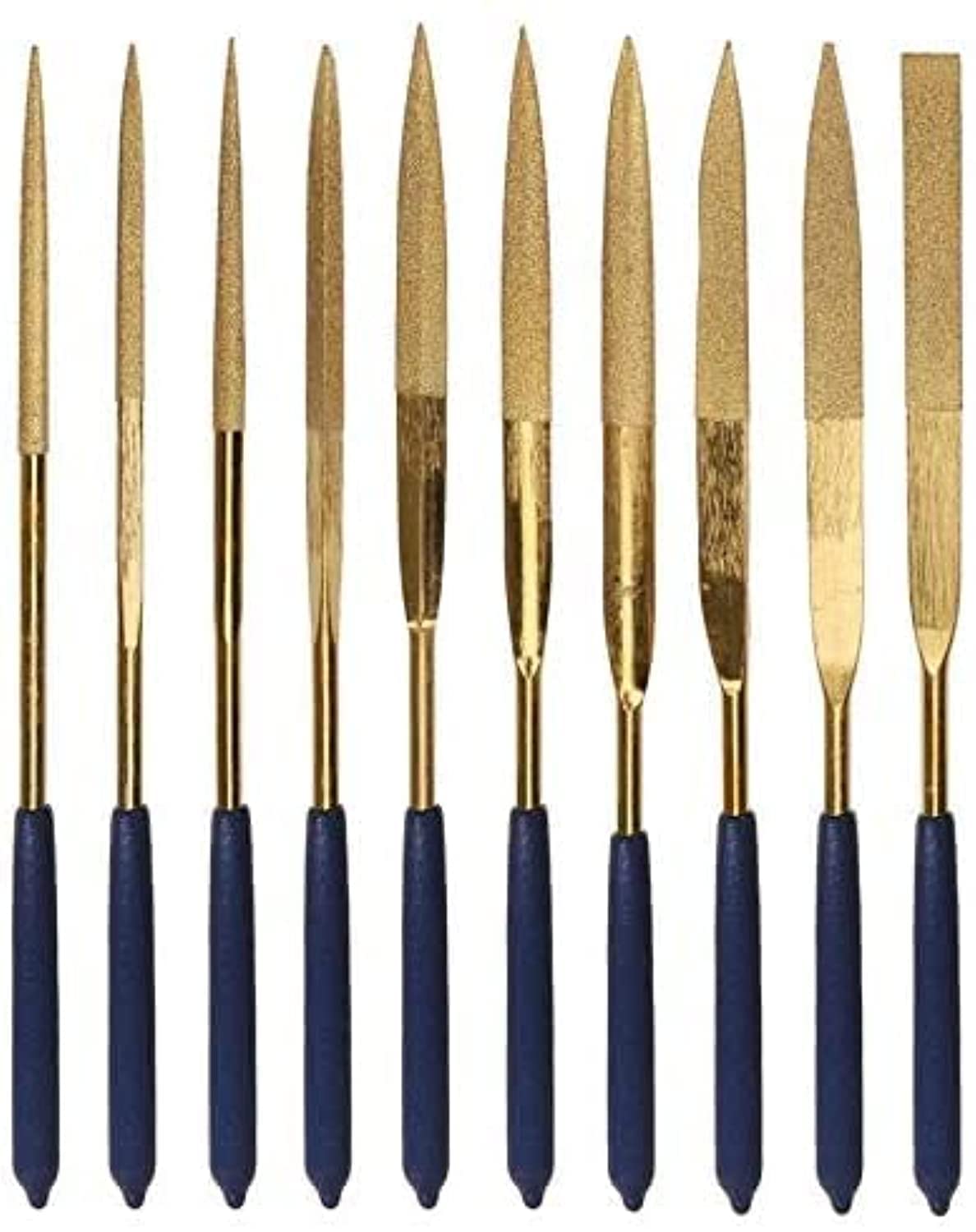 Yakamoz 10Pcs Titanium Coated Small Diamond Needle File Set 4x160mm Mini Round Triangular Square Flat Shape Metal Riffler Files Jewelers File Precision Hand Tools for Glass Wood Stone Jewelry