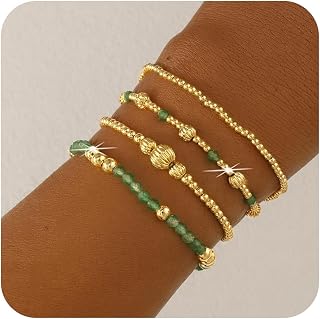 Gold Beaded Bracelets Stack for Women - Boho Natural Stone Bracelets for Women Stackable 14K Gold Plated Beads Gemstones Adjustable Waterproof Jewelry Trendy Friendship Gift