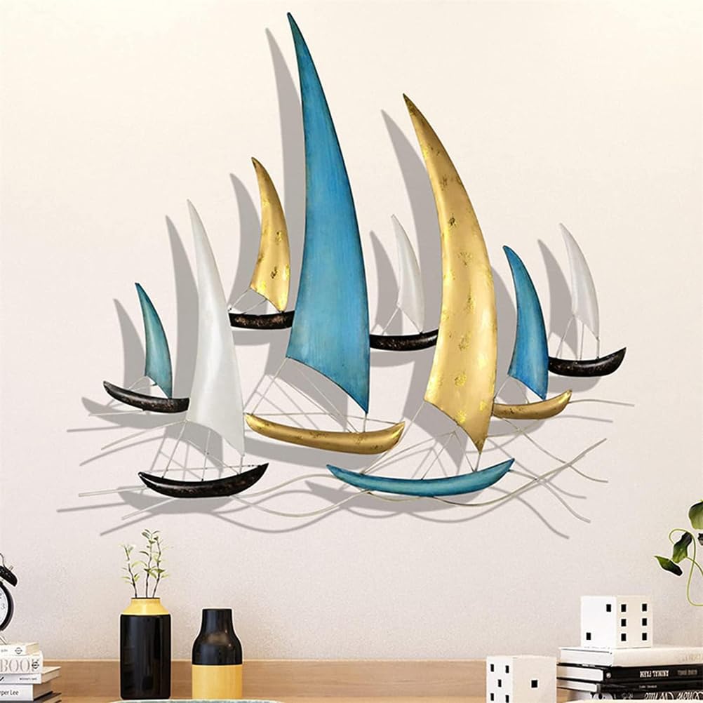 SEVOLY 3D Metal Ship Wall Art Décor, Metal Sailboat Wall Sculpture, Coastal Nautical Ocean Wall Art Decor, Handmade Boat Hanging Ornament, for Living Room Bedroom Indoor Outdoor