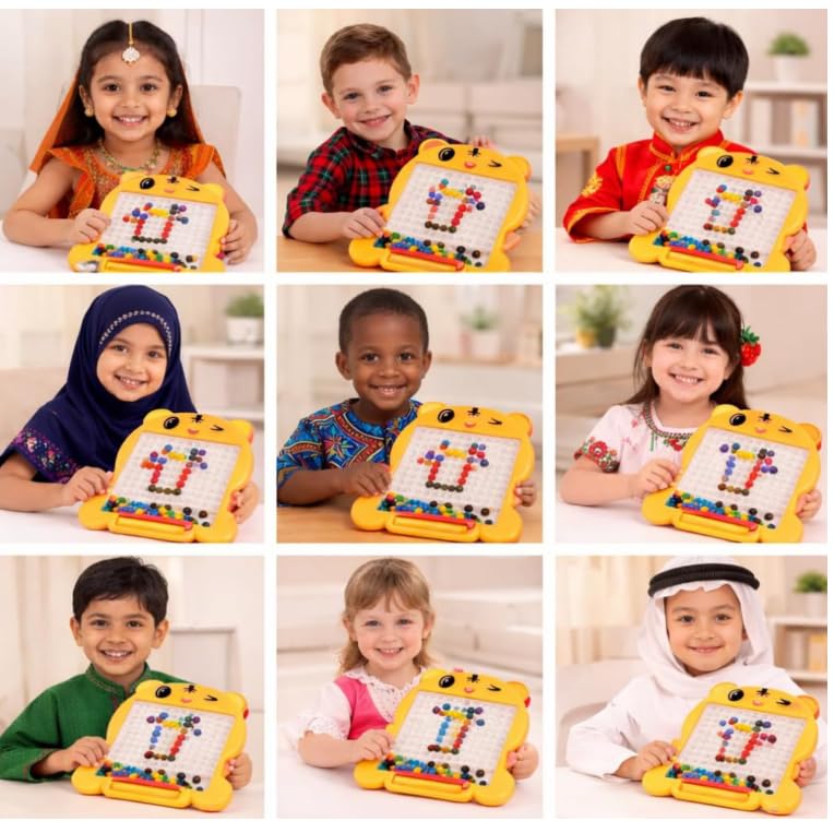 Image of Yellow Magnetic Drawing Board for Kids - Magnetic Mosaic Puzzle Board with Color Beads, Magnetic Pen & Pattern Cards - Educational STEM Learning Toy for Kids - (Pack of - 1)
