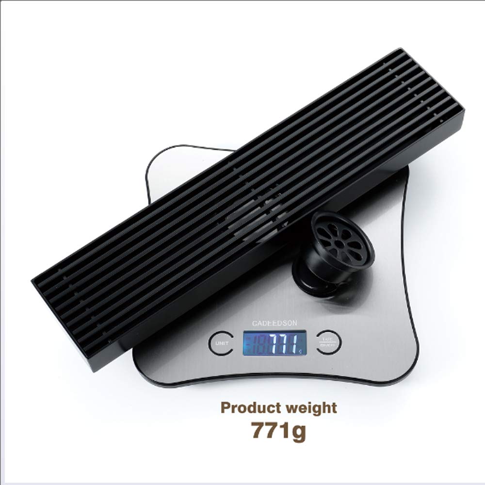 Desagüe Ducha 304 Acero Inoxidable Rectangular Canaleta de Drenaje de Suelo Desodorante Gran Desplazamiento Negro Drenaje de Ducha para Patio, Baño y Cocina, 30×7 cm