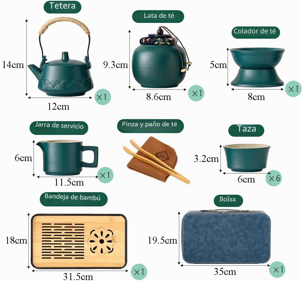Tetera con colador, juego de té de porcelana, tetera de viaje chino y 6 tazas, mango de cuerda de cáñamo, juego de té para té suelto, regalo para los amantes del té, verde