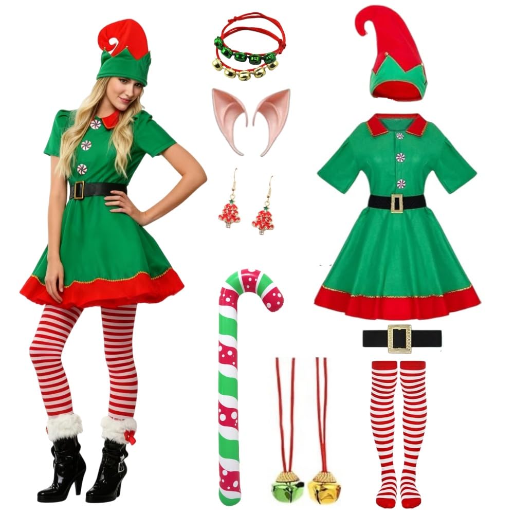 Zynthytic Christmas Elf Costume Adult Kids Christmas Elf Outfits for Women Short Sleeve Fancy Dress with Ears Hat Belt and Socks(170)