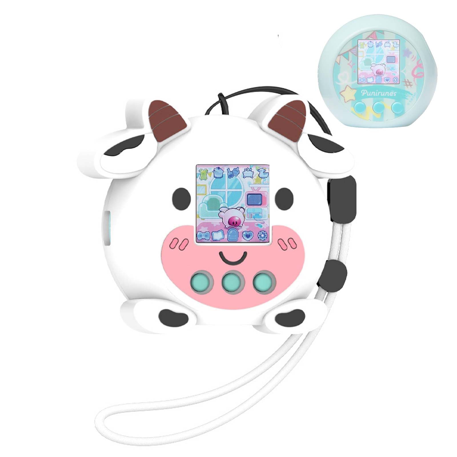 Silicone Protective case for Punirunes Interactive Digital Toy, Cute Cartoon Cow Design Skin Sleeve for Punirunes Electronic Pets Machine, with Lanyard Easy Carry,Scratch Shock Protection (White)