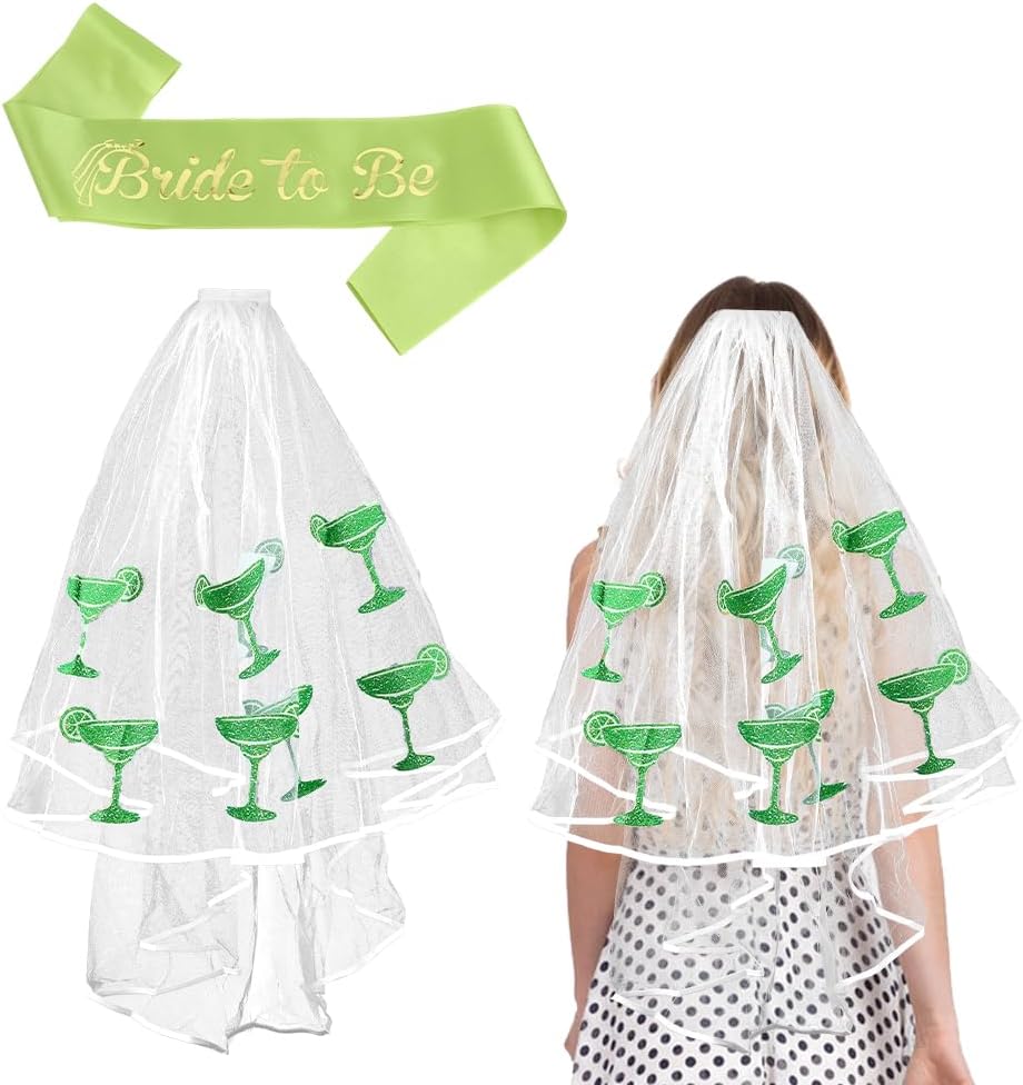1Pc Gauze Wine Glass Pattern Wedding Veil with 1Pc Polyester Bride To Be Sash Bachelorette Margarita Party Decoration Hair Accessories for Women Wedding Supply Bridal Party Favors - Image 1 of 5