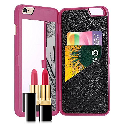 iPhone 6 6S Wallet Case, FLOVEME Hidden Mirror ID Credit Card Slots Holder Kickstand Feature Anti Scratch Shockproof Protective Flip Folio Hard Rugged Back Plastic Cover for Girls Women, Hot Pink