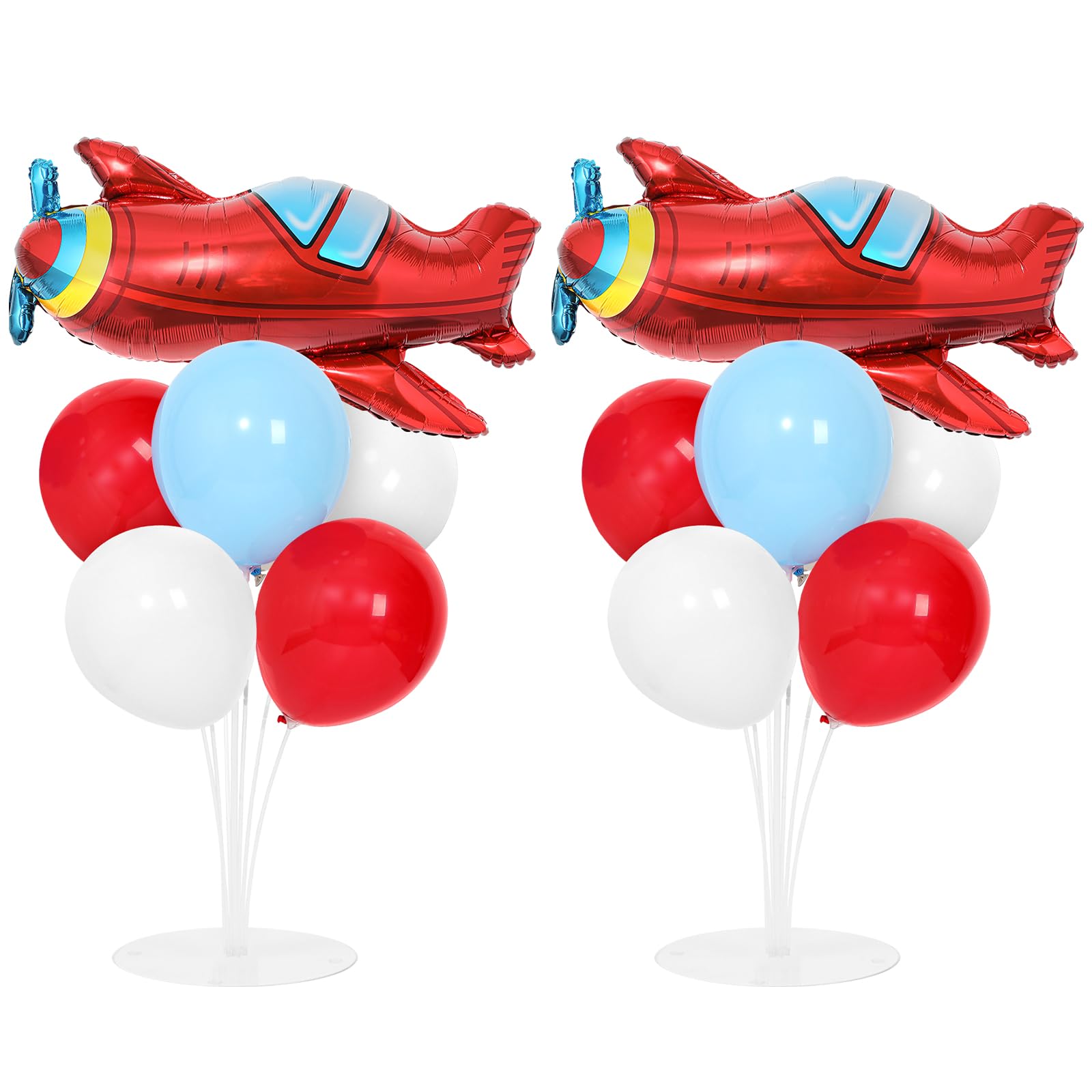 Airplane Birthday Party Balloons Stand Kit 2 Sets with 2 Plane Helicopter Foil Balloons Red Blue White Balloon Centerpiece for Tables for Adventure