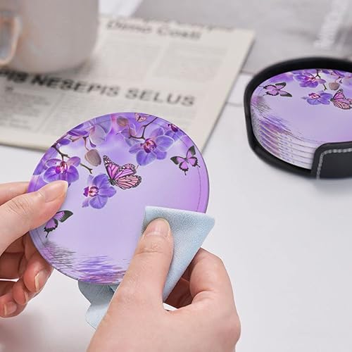 Miniatura 6 de 6 posavasos de cuero con diseño de orquídeas y mariposas para bebidas con soporte, juegos de posavasos para mesa de bebidas, para sala de estar,