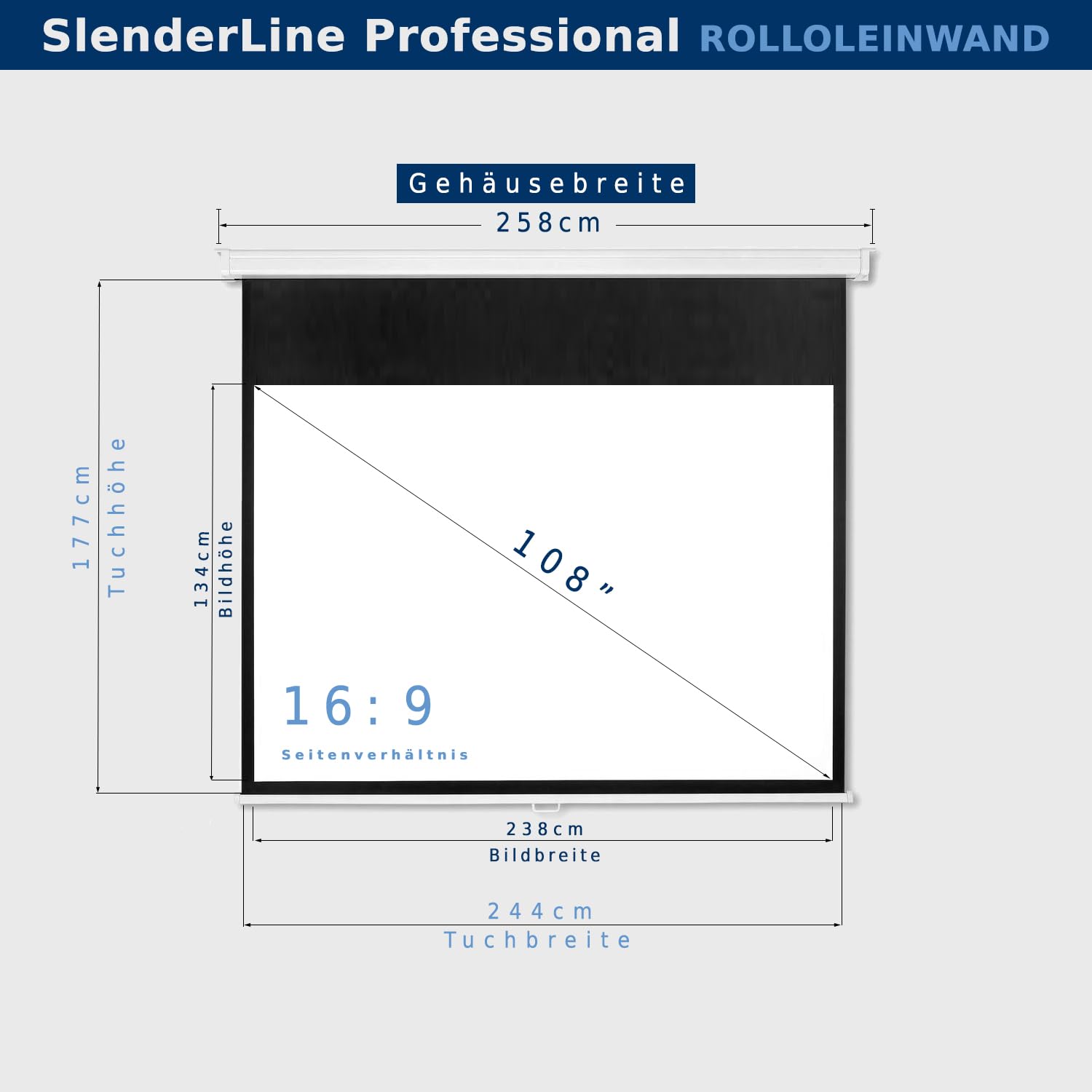 SlenderLine Professional ekran zwijany 244 x 177 cm | 108 cali | format obrazu 16:9 | Gotowość do domu: 258 cm | uniwersalne płótno projekcyjne do kina domowego i prezentacji | montaż sufitowy i