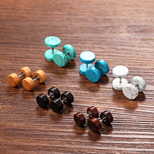 Cupimatch 6 Pairs 8MM Marble Stone Wood Screw Stud Earrings Set, Ear Piercing Plugs Faux Gauges Illusion Tunnel Earrings (8 mm)