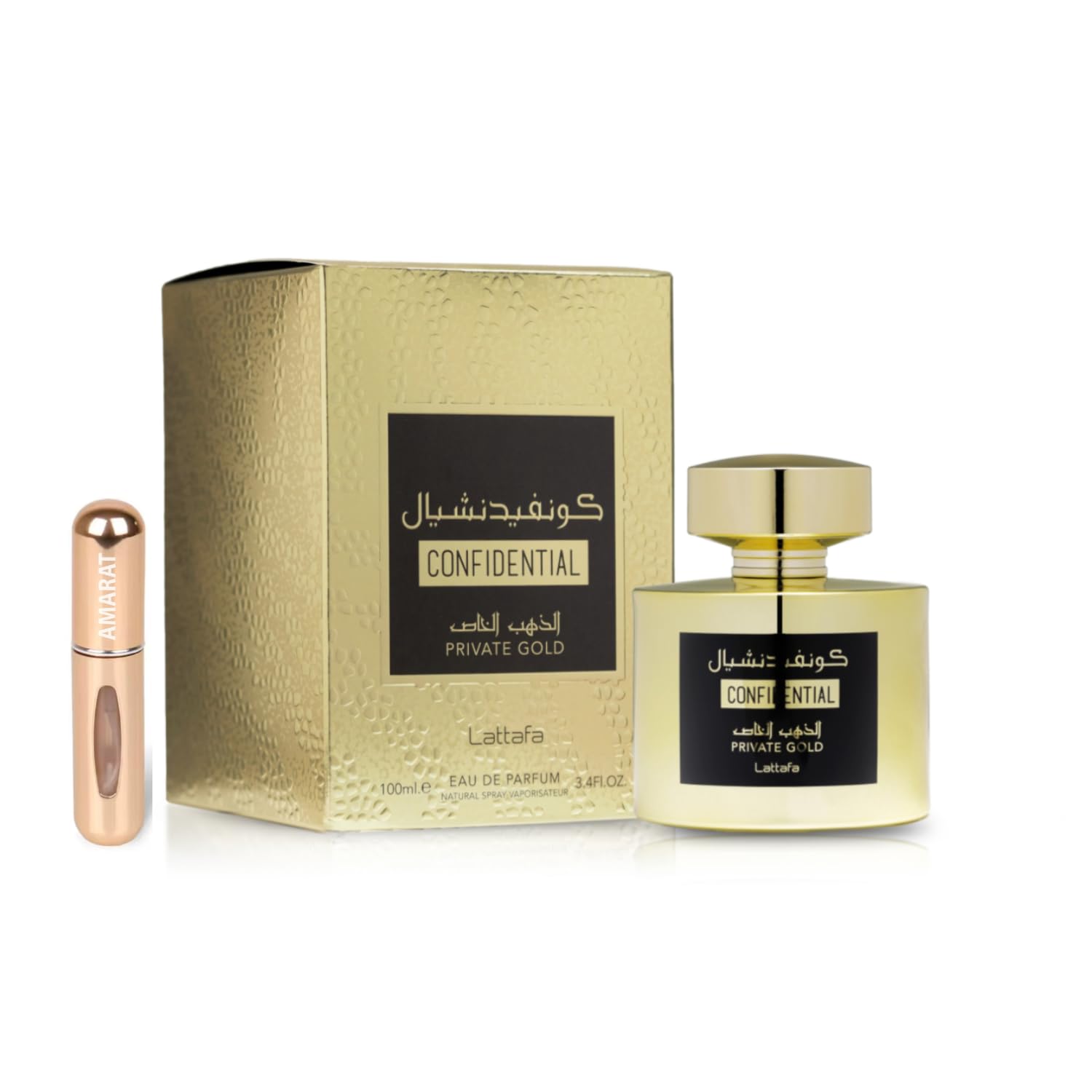 Private Gold Original 100 ml perfumy Confidential Confidential Uniseks, długotrwałe perfumy arabskie, EDP w zestawie 5 ml wielokrotnego napełniania, zapach cypryjski owocowy z nutami brzoskwini, malin