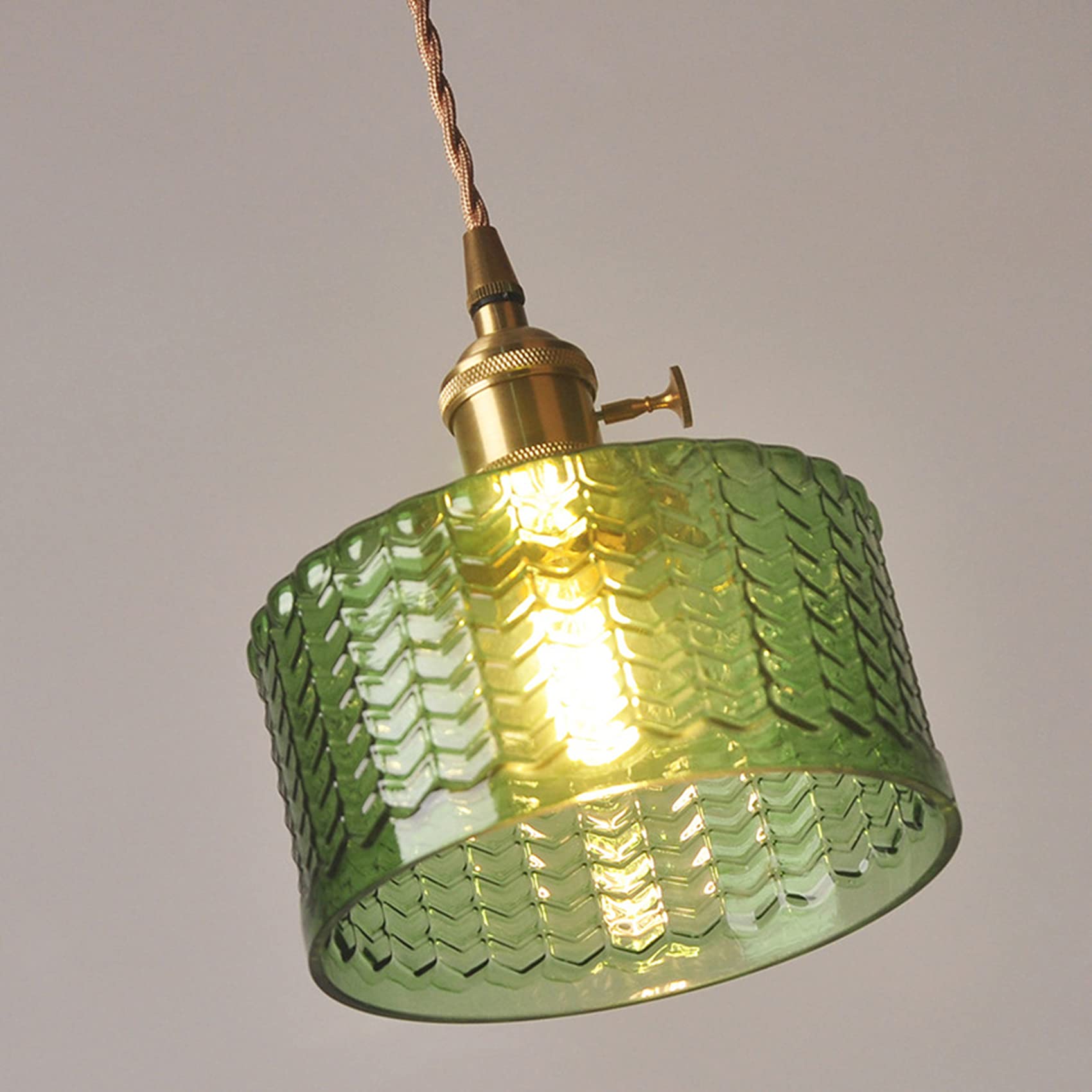 EKSED Lámpara colgante de latón con pantalla de vidrio de rayas verticales, interruptor giratorio y cable trenzado dorado - Accesorio de lámpara colgante de techo (Costilla verde)