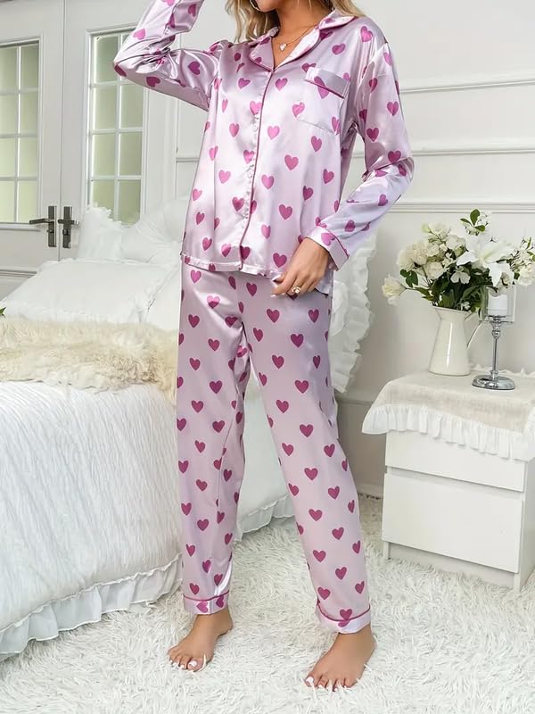 Image of Night Suit for Women with Full Sleeve Button-Down Top with Pant Dress for Woman,Night Dress for Woman, Two-Piece Loungewear Set
