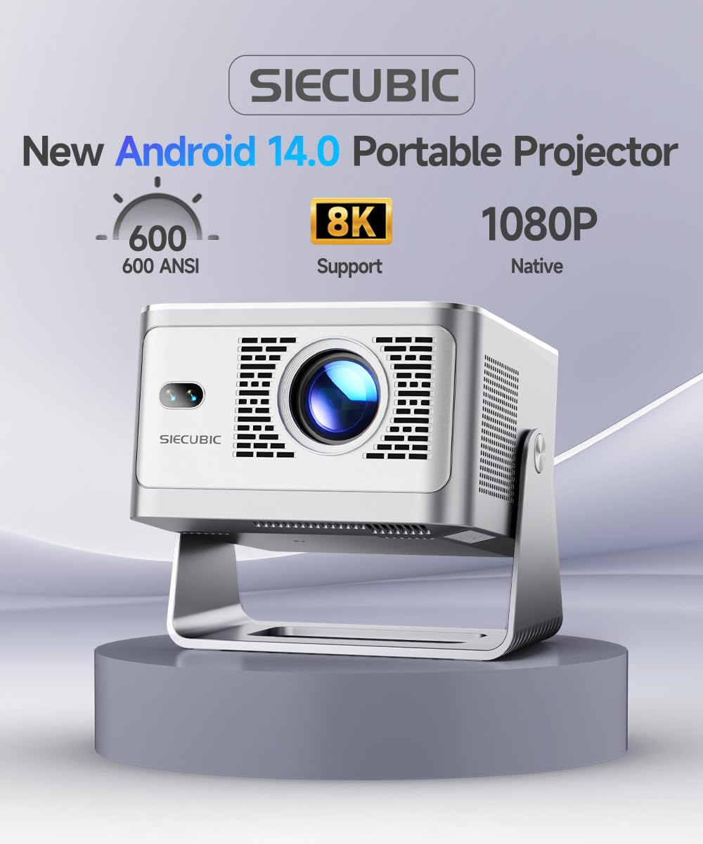 Mini Proyector Portatil 4K Full HD 1080P, 600 Lúmenes ANSI, Android 14 WiFi 6 Bluetooth 5.4, Corrección de Distorsión y Enfoque Automático, Cine en Casa Interior y Exterior