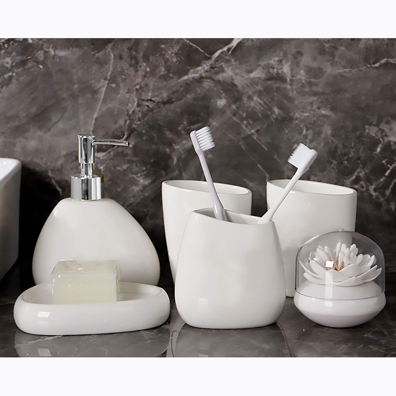 Set di 5 accessori da bagno in ceramica moderna bianca, include dispenser di sapone, portaspazzolino, 2 bicchieri, portasapone
