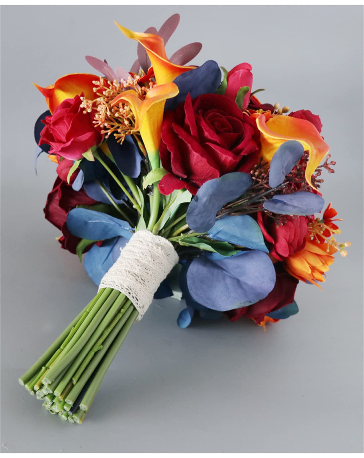 Künstliche Blumen, Brautstrauß mit bunten Rosen und Calla-Lilien, handgefertigter Wurfstrauß für rustikale Hochzeiten