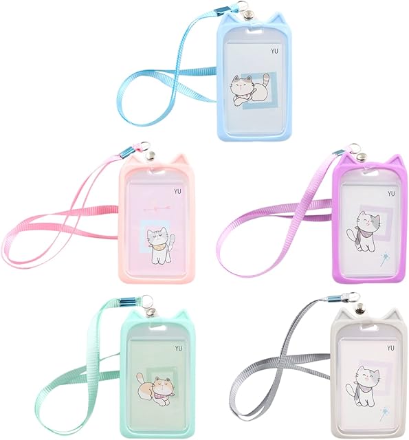 Cdemiy Lanyard with Transparent Card Holder, 5 PCS Cartoon Plastic Bus ID Card Holder Case Badge, Cute Badge Card Protector, Clear Plastic Vertical Badge Holders, for Teachers Nurse Students