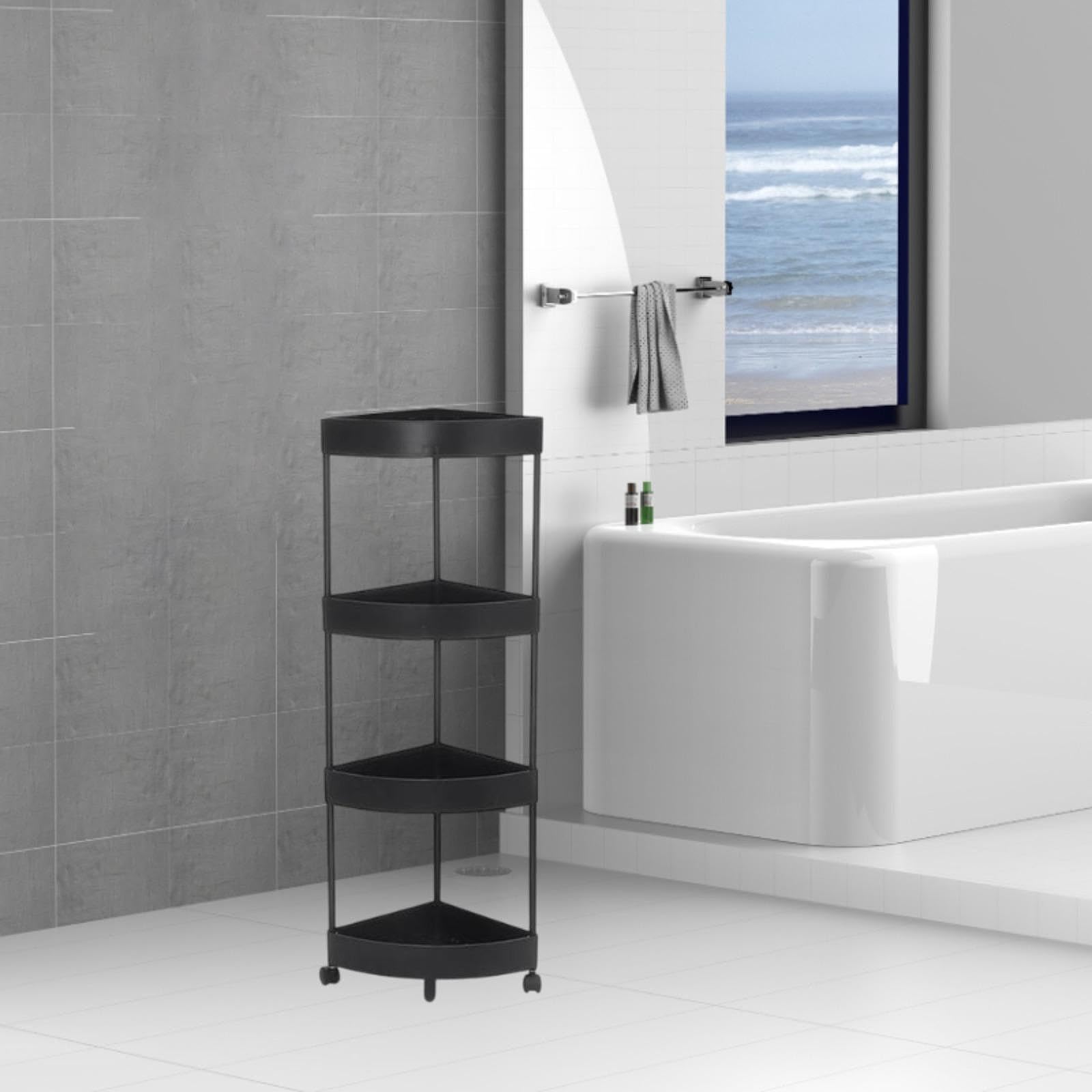 Mensola Angolare Su Piedini con Ruote, Antiruggine, per Bagno, Cucina, Esposizione, Scaffale Portaoggetti, Nero a 4 Livelli