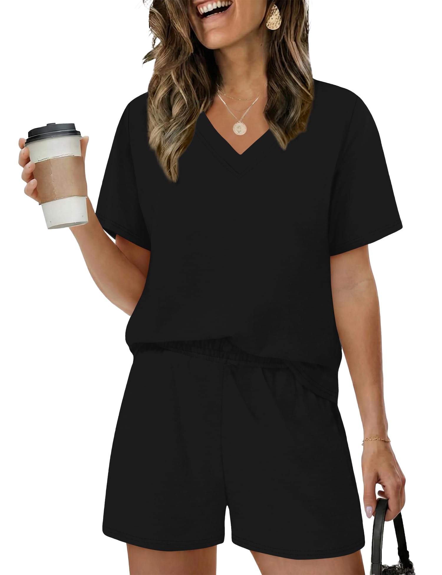 Rapbin Schlafanzug Damen Kurz Pyjama Set Kurzarm Nachtwäsche Loungewear für Frauen Schlafen V Ausschnitt Oberteil und Schlafanzughose Zweiteiliger Hausanzug Casual Elastischer Bund Sleepwear