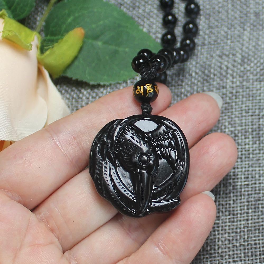 Natural Crystal Black Obsidian Squirrel Sun face Raven Necklace Amulet Pendant with Adjustable Bead Chain for Men Women - Image 4