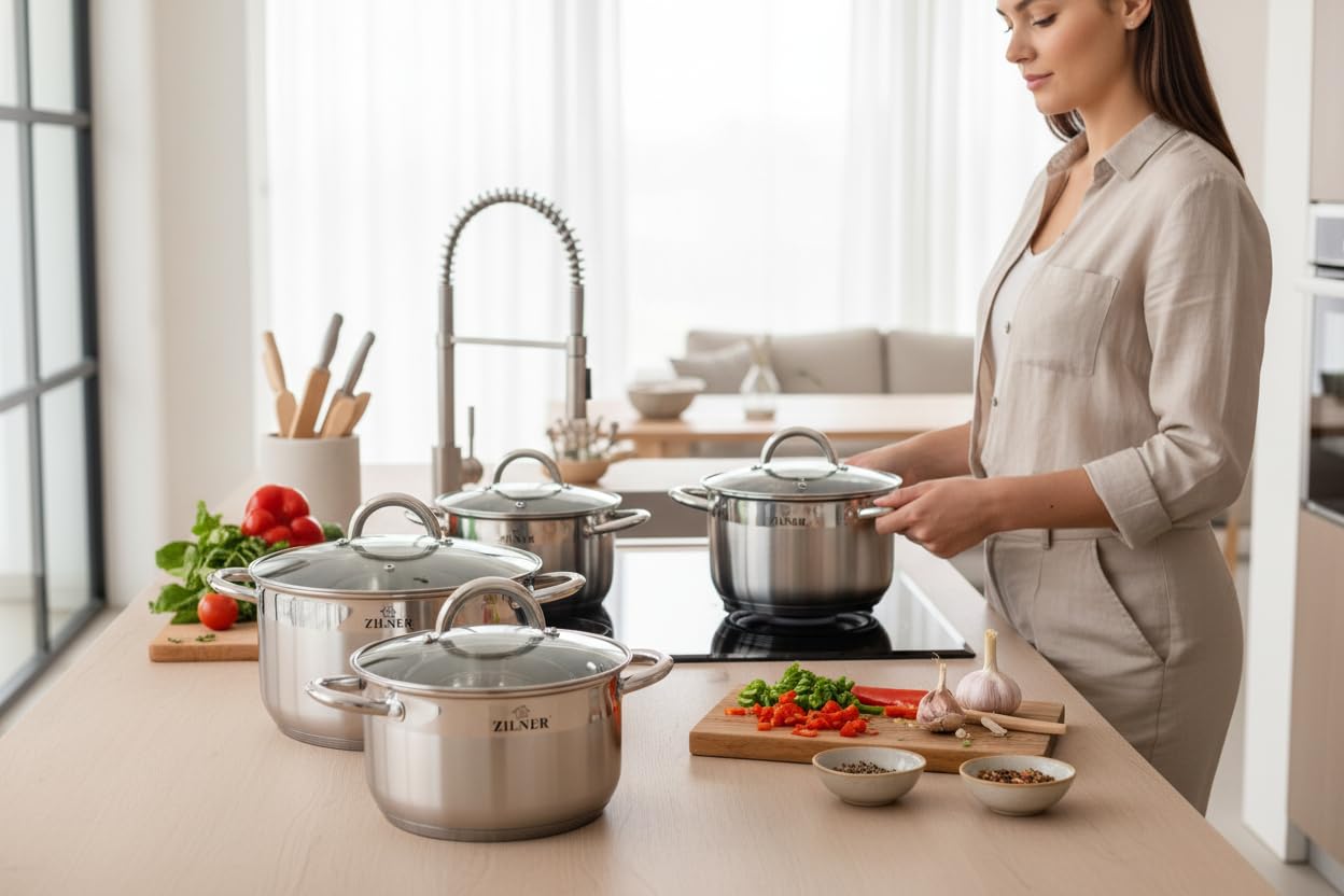 Topfset 12-teilig, Edelstahl mit Glasdeckeln, alle Herdarten, Silber | Edelstahl Kochtopf Set, Töpfe mit Glasdeckel für Induktion, Gas, Ceranfeld, Kochset 12-teilig, Silber