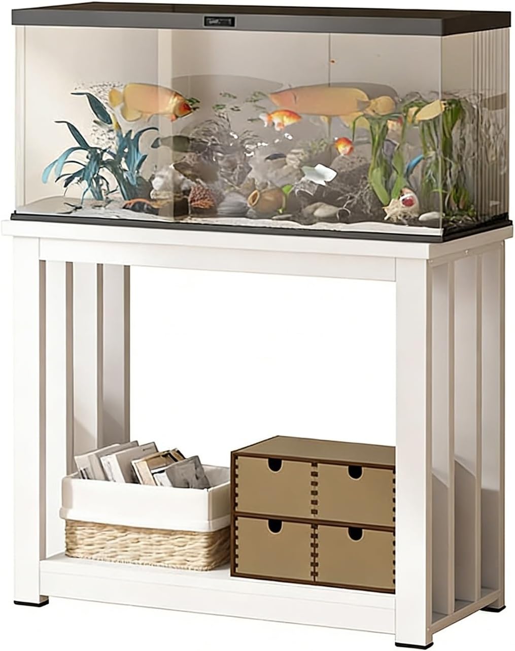 10-20 Gallon Aquarium Stand, 500LBS Heavy Duty Metal Frame, 2-Tier Open Storage, Easy Assembly in 30 Mins, Black/White Optional, Budget-Friendly for Beginners, Fish/Turtle Terrarium(White,40x30x70cm/16x12x28")