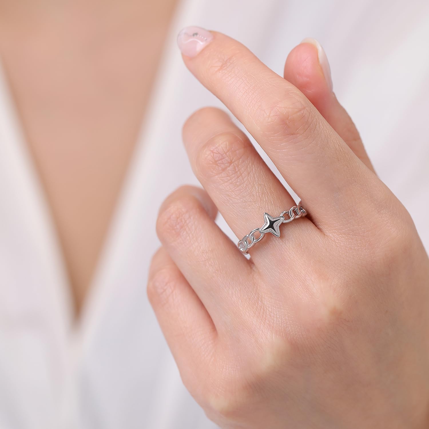 Meissa 925 Sterling Silver Star Ring for Women Girls 14K Gold Plated Cross Star Ring Size Adjustable Chain Ring Four Pointed Star Jewelry