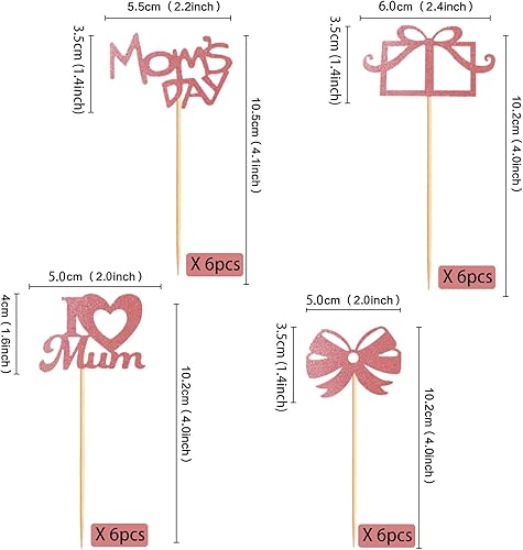 Miniatura 6 de Decoración para cupcakes para el Día de la Madre, 24 piezas con purpurina para fiesta de cumpleaños, suministros de cartón y bambú de primera calidad
