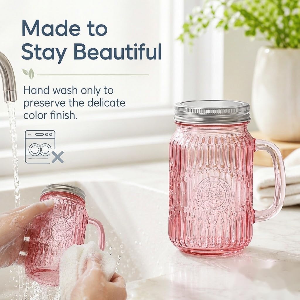DaYammi 16 oz Mason Jars with Lids and Straws, 6 Pack Pink Vintage Drinking Glasses, Leak Proof Iced Coffee Cups for Daily Use & Party