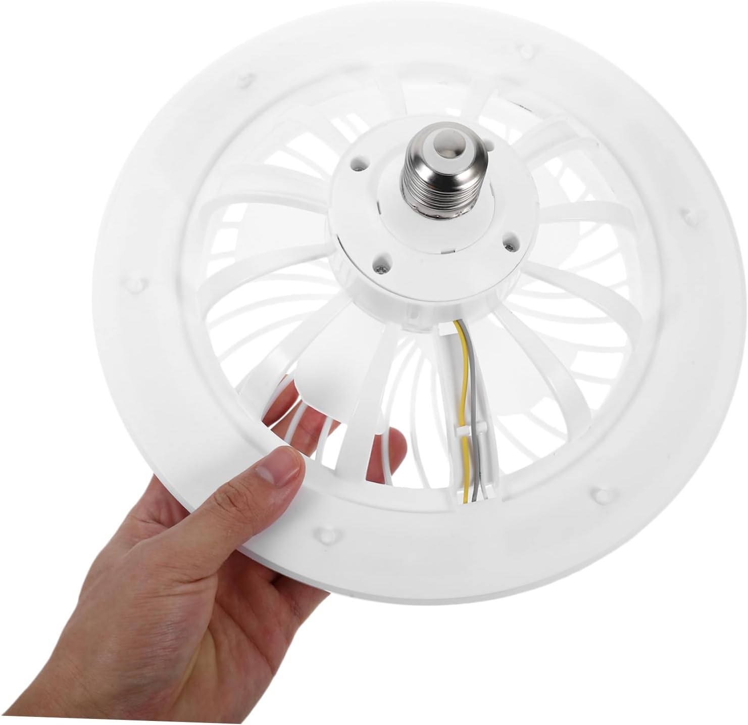 Hand holding the fan light, showing its E27 screw-in base