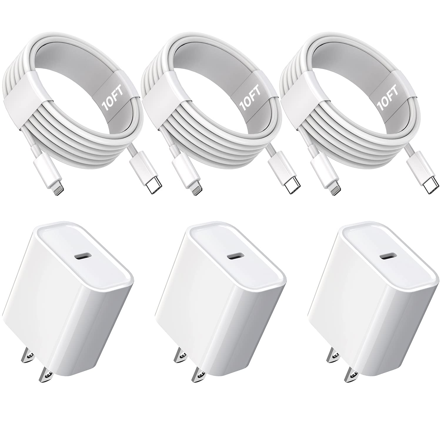 10FT iPhone Fast Charger,3Pack Extra Long[Apple MFi Certified]iPhone Charger Fast Charging Quick 10Foot USB C to Lightning Cable Cord Adapter Block for iPhone 14 Pro Max/14 Plus/13/12Mini/11/XS/X/iPad