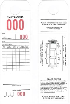 Valet Parking Claim Check Hang Tag, White Stock Printed in Black 2 Sides, Red Numbering 000-999, 9-1/2" x 2-3/4" - Box of 1,000