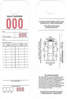 Valet Parking Claim Check Hang Tag, White Stock Printed in Black (2 Sides), Red Numbering (000-999), 9-1/2" x 2-3/4" - Box of 1,000