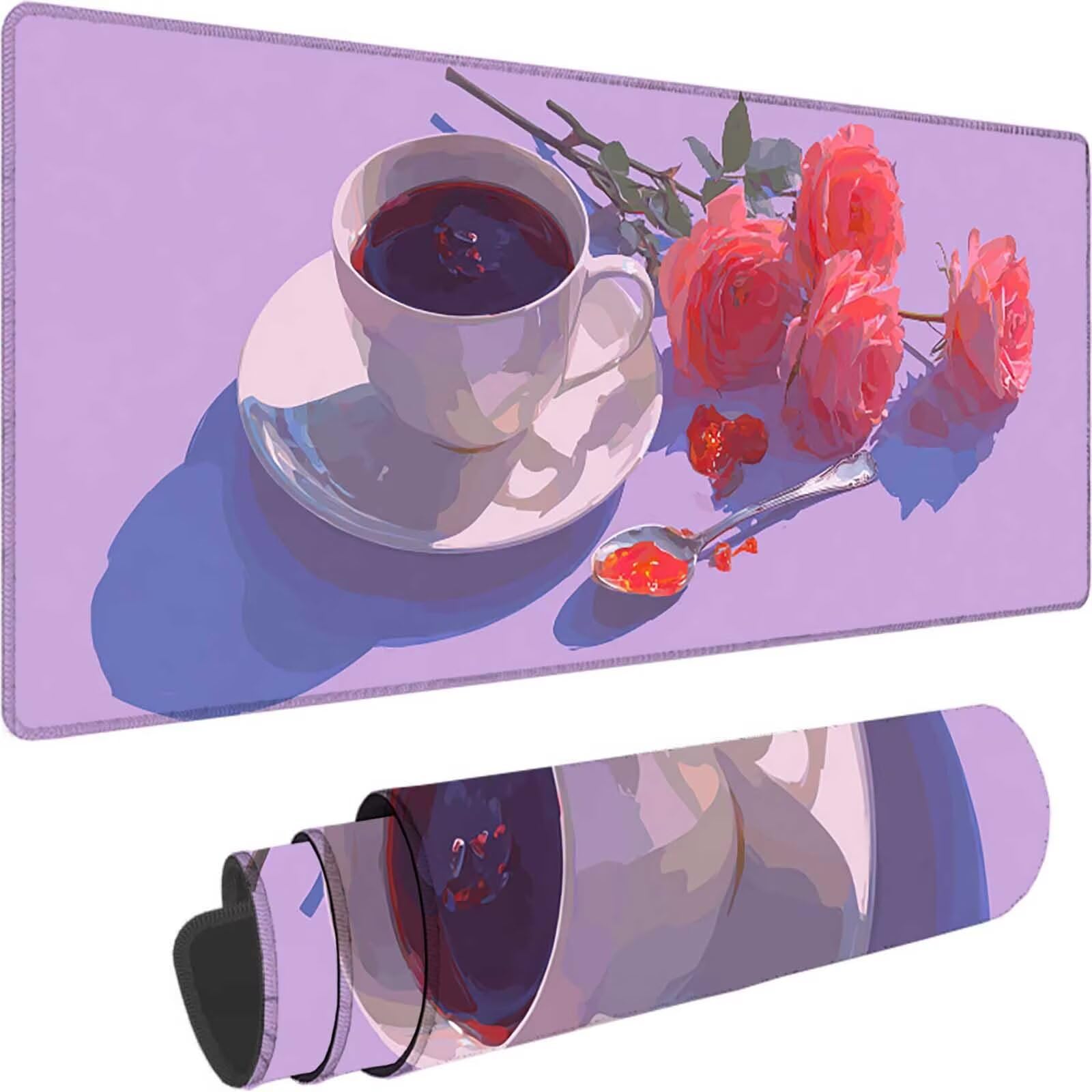 Różowa podkładka pod mysz 1500 x 800 x 3 mm duża podkładka pod mysz XXL kwiat pod ręką gracz na biurko, szyte krawędzie, antypoślizgowa gumowa podkładka pod mysz do komputera, komputera, dekoracji