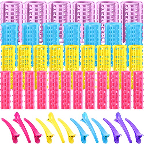 60 Pieces Hair Roller Hair Clip Set, 48 Pieces Self Grip Hair Curlers Rollers 4 Sizes No Heat Hairdressing Curlers with 12 Pieces Multicolor Duck Teeth Hair Clips for Hair Styling
