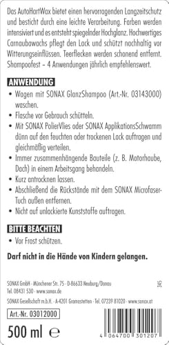 SONAX AutoHartWax (500 ml) flüssig, für neue und neuwertige Bunt- und Metallic-Lacke | Art-Nr. 03012000