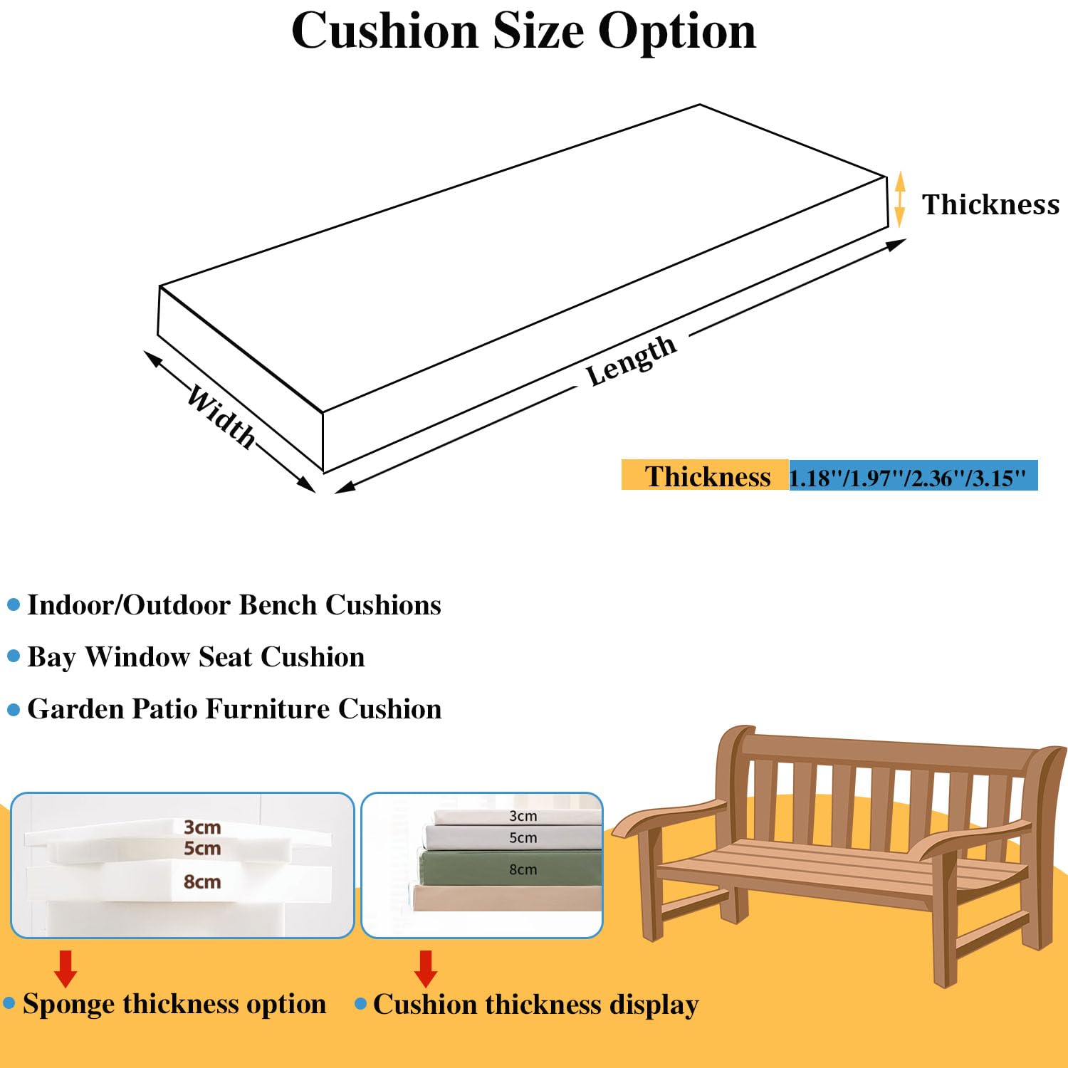 Kissen,(de:Bankkissen für draußen, 121,9 x 45,7 x 8 cm, Sitzkissen für Terrassenmöbel, Bankpolster, Erkerfenster-Sitzkissen mit Bändern für Innenbereich, Veranda, Garten, Esszimmer, Schau