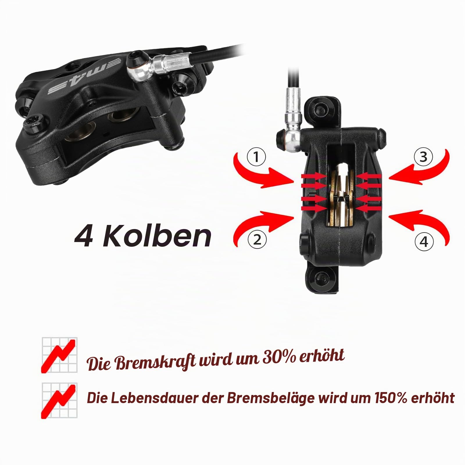 MEROCA M4S 4-Kolben-Hydraulische Scheibenbremsen für Mountainbike vorne 850mm hinten 1550mm Hydraulische E-Bike-Bremse Gespaltene vordere/hintere Bremssättel Fahrrad-Scheibenbremse