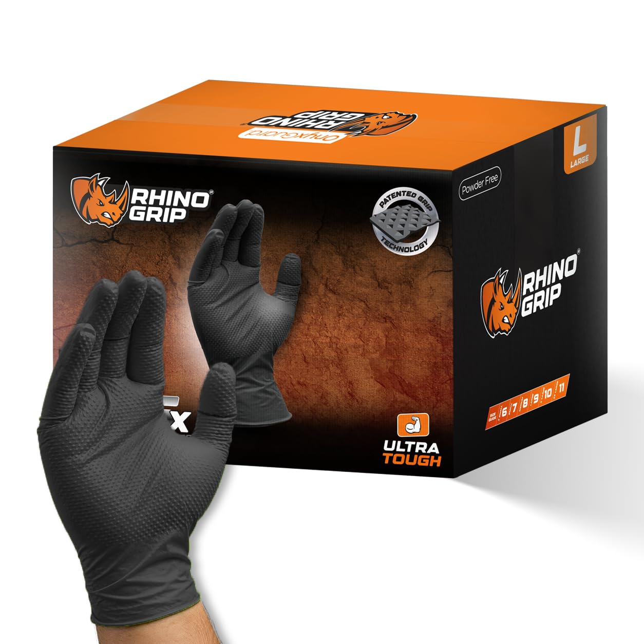 Nitrilhandschuhe, strapazierfähig, ultra-robust, Diamant-Grip, schwarz, puderfrei, 10 Packungen, Größe L